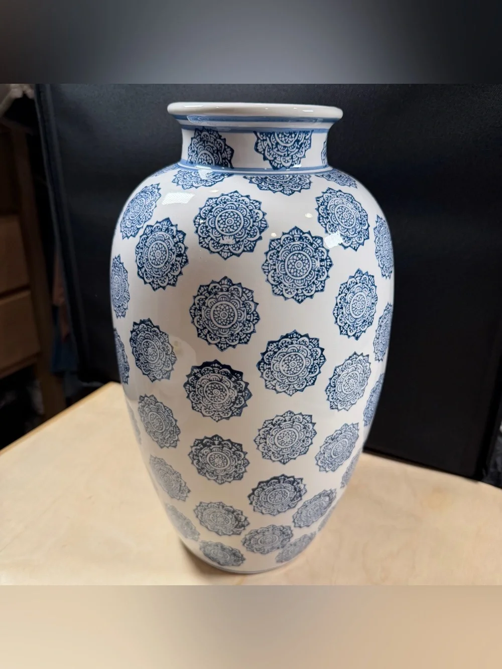 Home Essentials Tall Floor Vase Blue & White Vase With Medallions 16.5” H